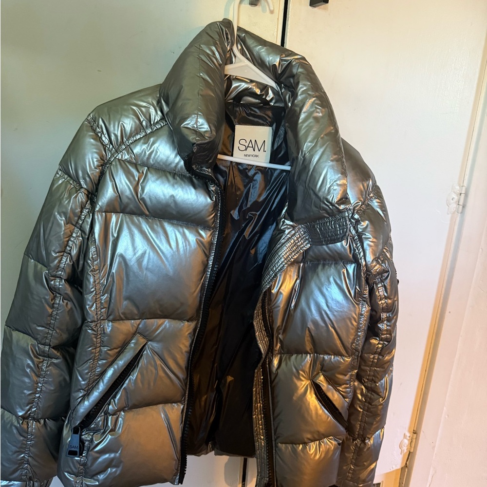 SAM. Metallic Silver Puffer Jacket
